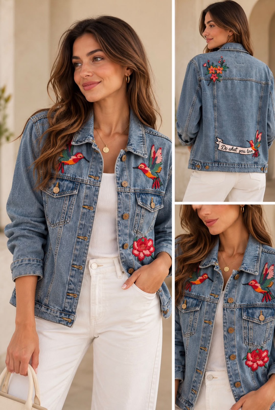 Vintage Wash Hummingbird Embroidered Denim Jacket