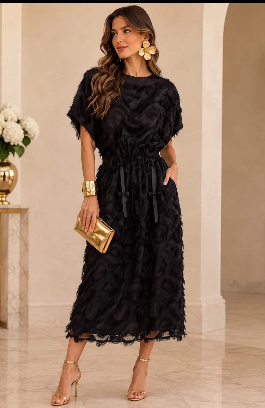 Black Textured Circular Pattern Midi Dress