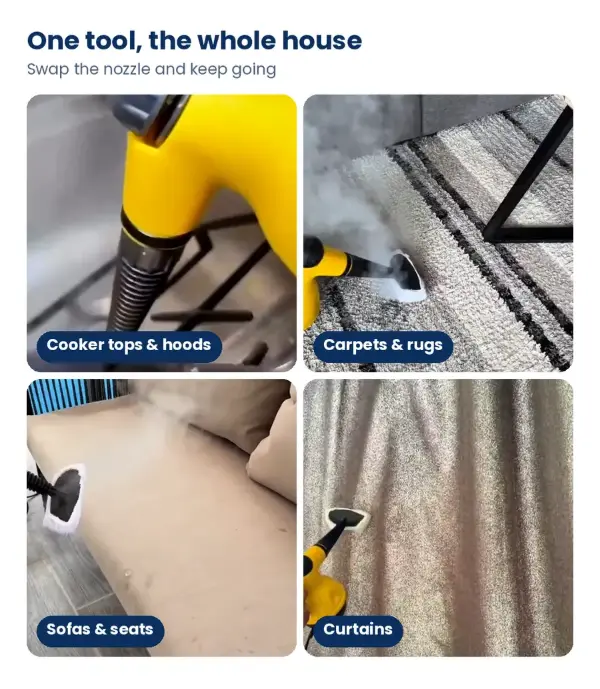 Steam cleaner used on cooker, carpet, sofa and curtains