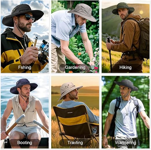 Wide-brimmed Boonie hat with side snaps _ قبعة بوني بحافة عريضة وأزرار تثبيت جانبية ورباط ذقن قابل للتعديل