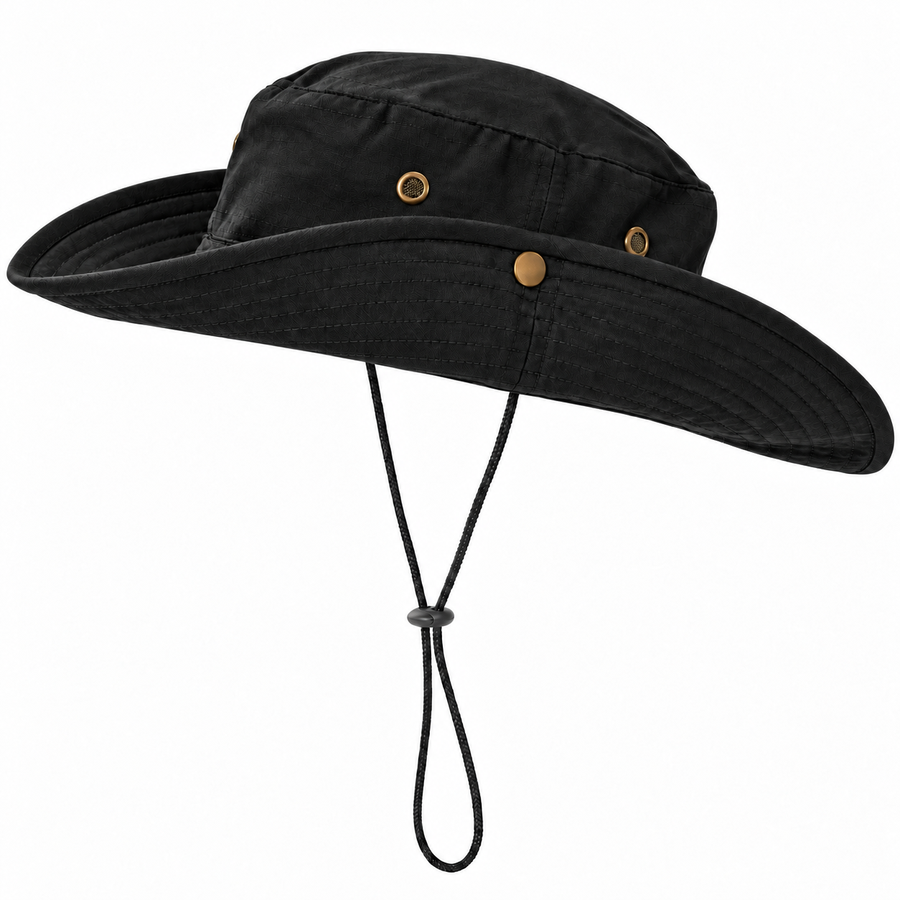 Wide-brimmed Boonie hat with side snaps _ قبعة بوني بحافة عريضة وأزرار تثبيت جانبية ورباط ذقن قابل للتعديل