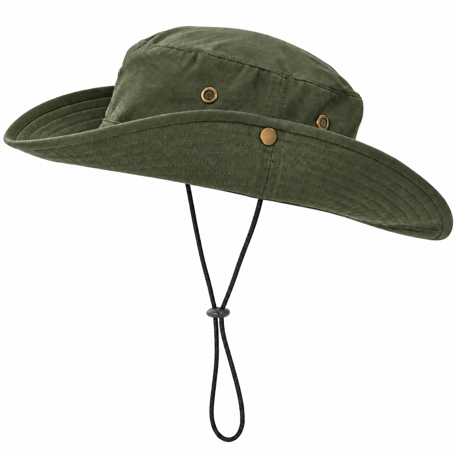 Wide-brimmed Boonie hat with side snaps _ قبعة بوني بحافة عريضة وأزرار تثبيت جانبية ورباط ذقن قابل للتعديل