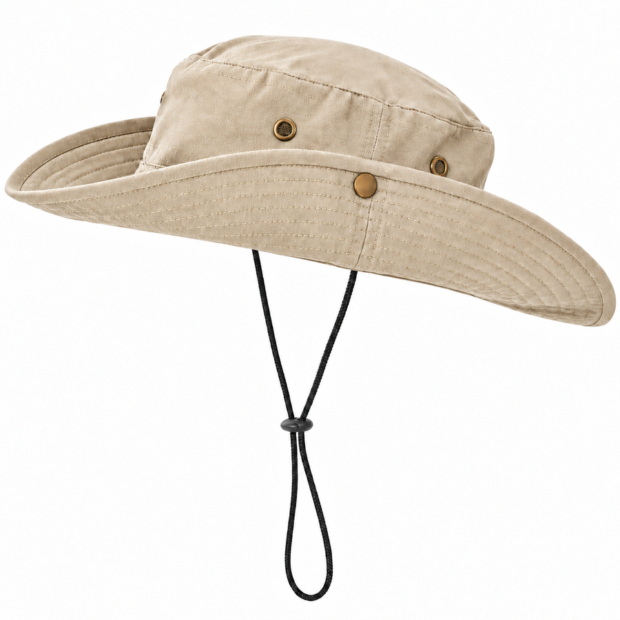 Wide-brimmed Boonie hat with side snaps _ قبعة بوني بحافة عريضة وأزرار تثبيت جانبية ورباط ذقن قابل للتعديل