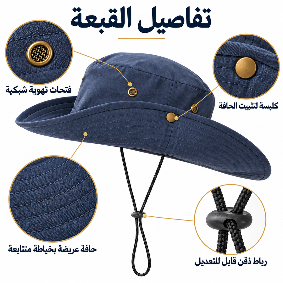 Wide-brimmed Boonie hat with side snaps _ قبعة بوني بحافة عريضة وأزرار تثبيت جانبية ورباط ذقن قابل للتعديل