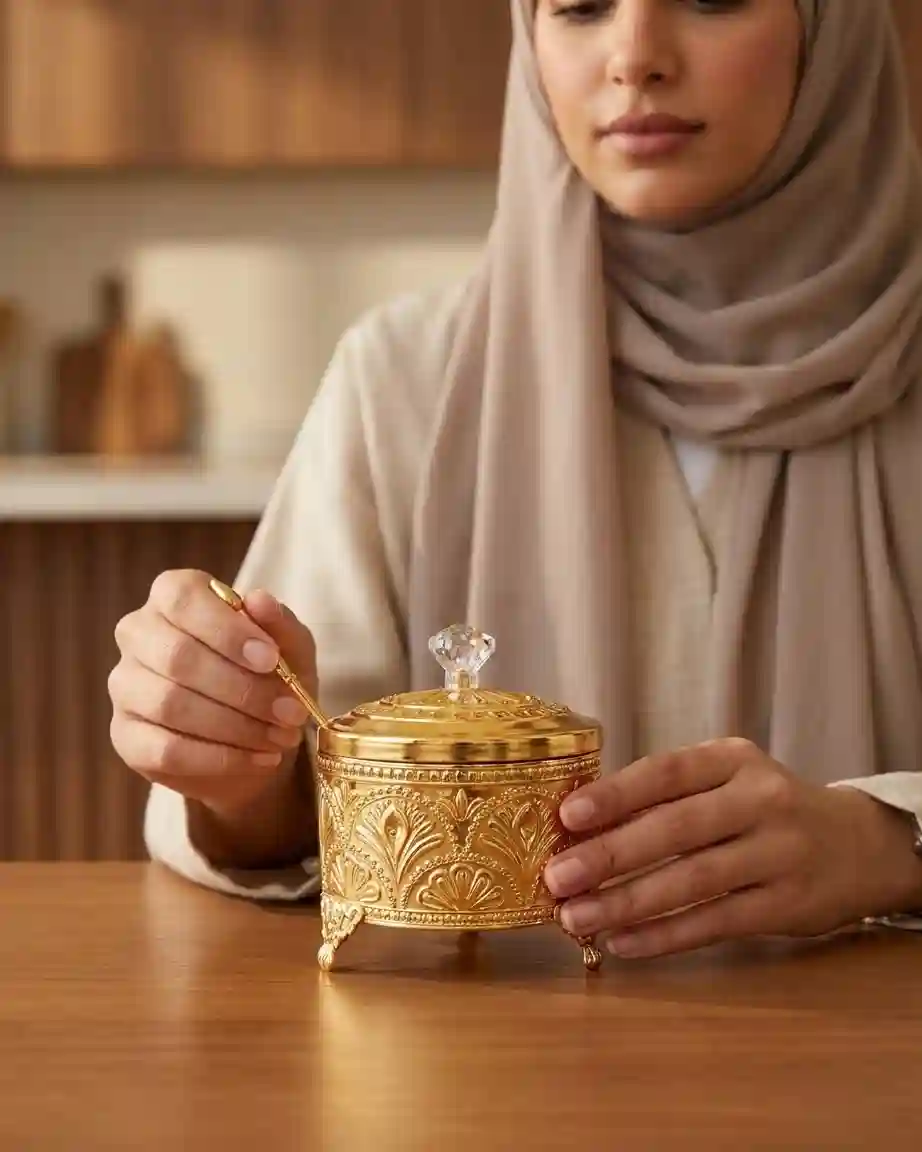 سكرية ذهبية بنقشة وغطاء ومعلقة | خان القهوة