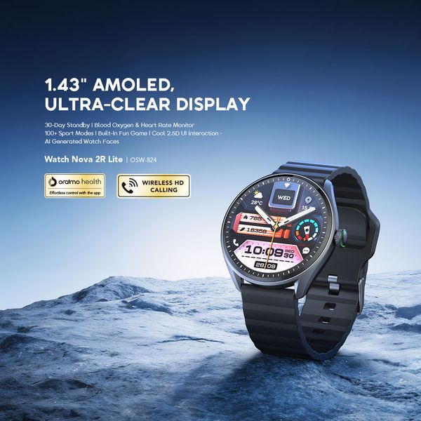 oraimo Watch Nova 2R Lite ساعة ذكية بشاشة AMOLED مقاس 1.43 بوصة وبطارية تدوم 30 يوماً