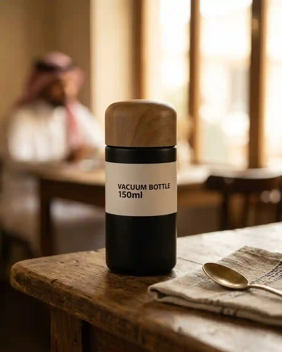 مج قهوة حراري 150 مل أسود بغطاء خشبي