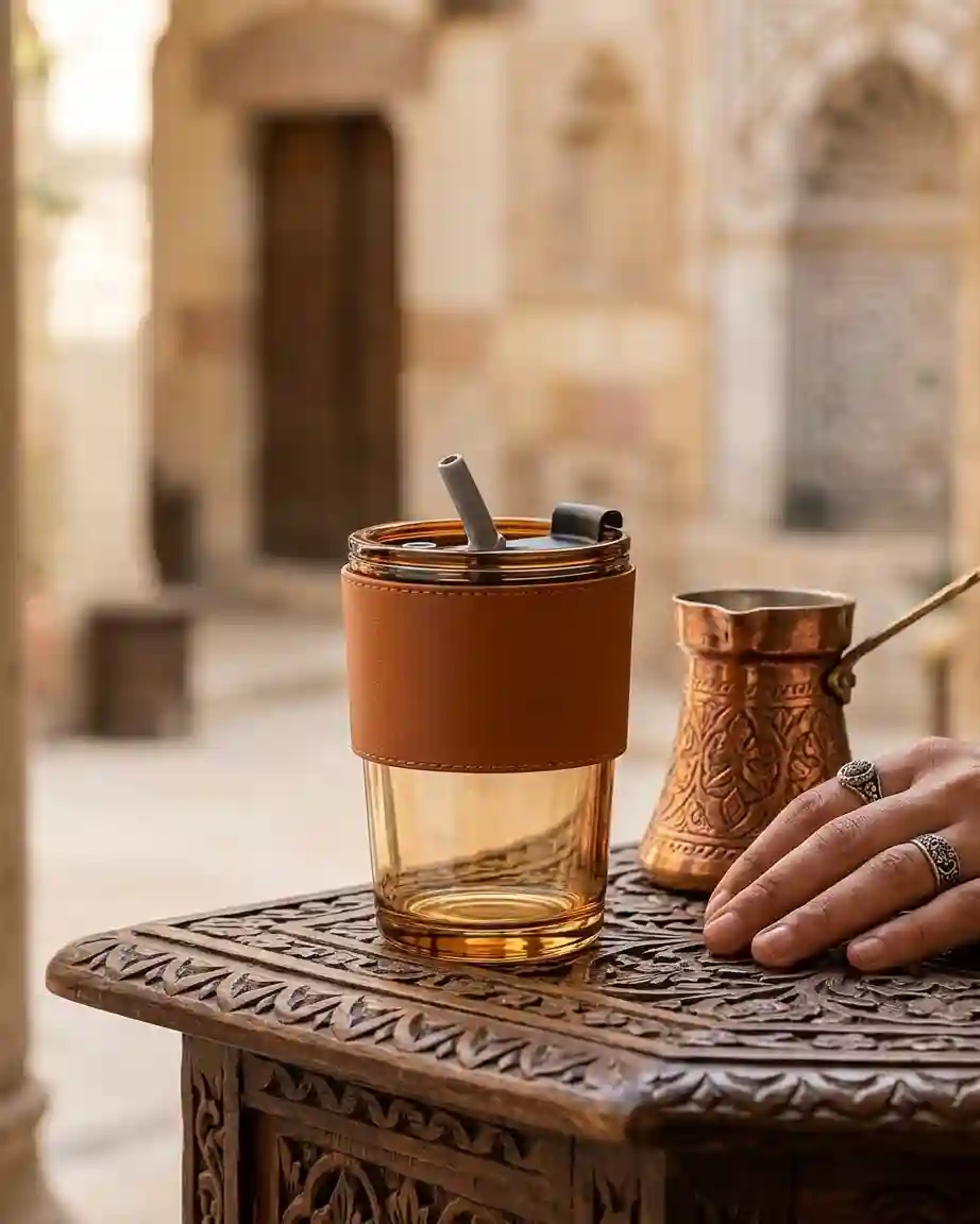 طقم 2 مج زجاج بغطاء وكفر جلد - عسلي
