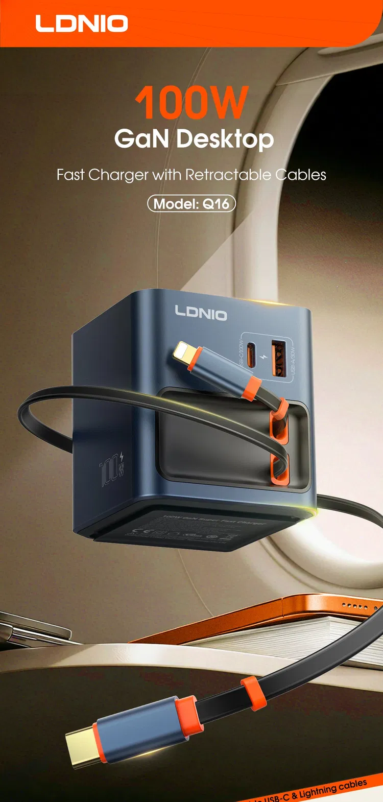 شاحن لادنيو Q16 جان فائق السرعة بقوة 100 وات- LDNIO Q16 GAN SUPER FAST CHARGER 100W