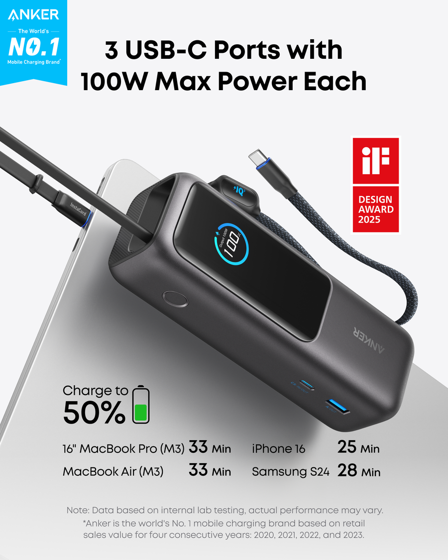 أنكر باور بانك سعه 25000 مللي أمبير بقوة 165 وات مع كابل USB C مدمج 