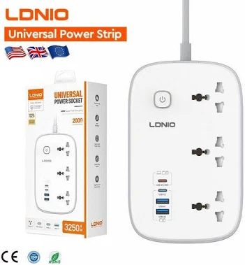 مشترك كهرباء  لادنيو SC6 بقدرة 3250 وات مع 3 مخارج و4 منافذ USB بسلك 2 متر- LDNIO POWER SOCET SC6 3250W 2MM