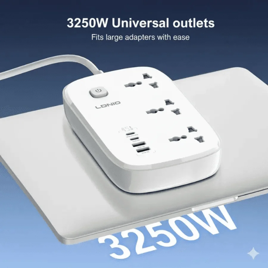 مشترك كهرباء  لادنيو SC6 بقدرة 3250 وات مع 3 مخارج و4 منافذ USB بسلك 2 متر- LDNIO POWER SOCET SC6 3250W 2MM