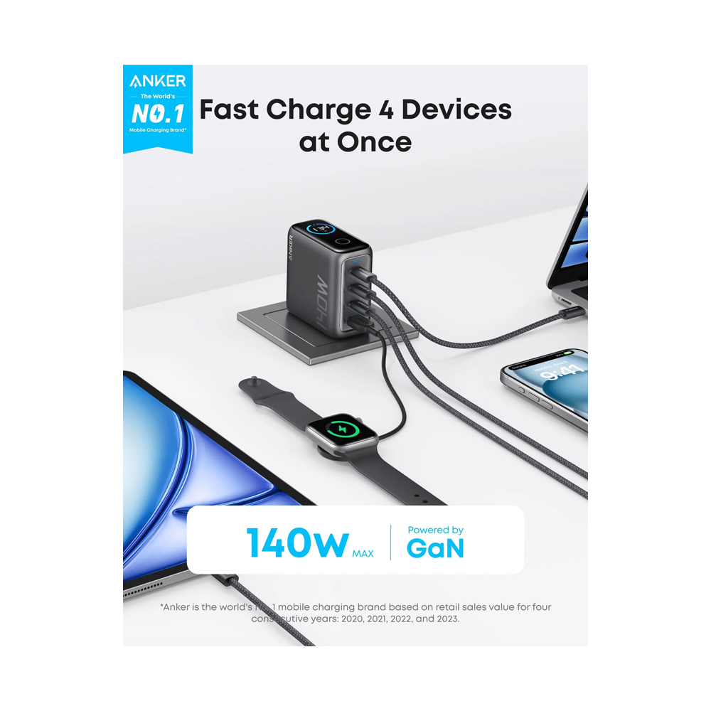شاحن انكر بقوة 140 واط بأربعة منافذ مع كابل USB-C