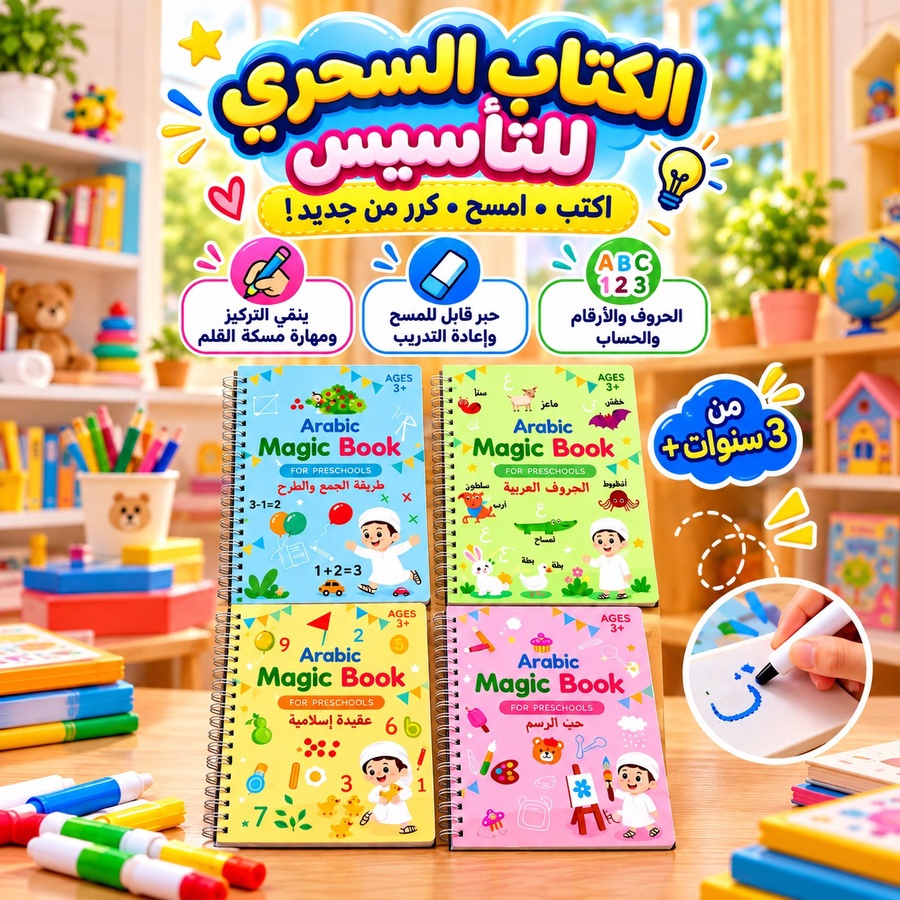 الكتاب السحري التعليمي التفاعلي للأطفال 4 كتب (عربي - حساب - عبقرية الارقام - حب الرسم )