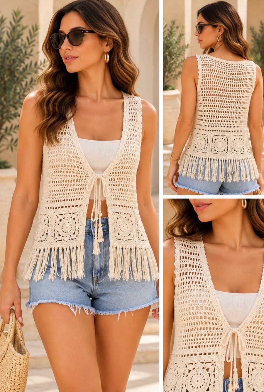 Cream Open-Knit Crochet Vest with Front Tie