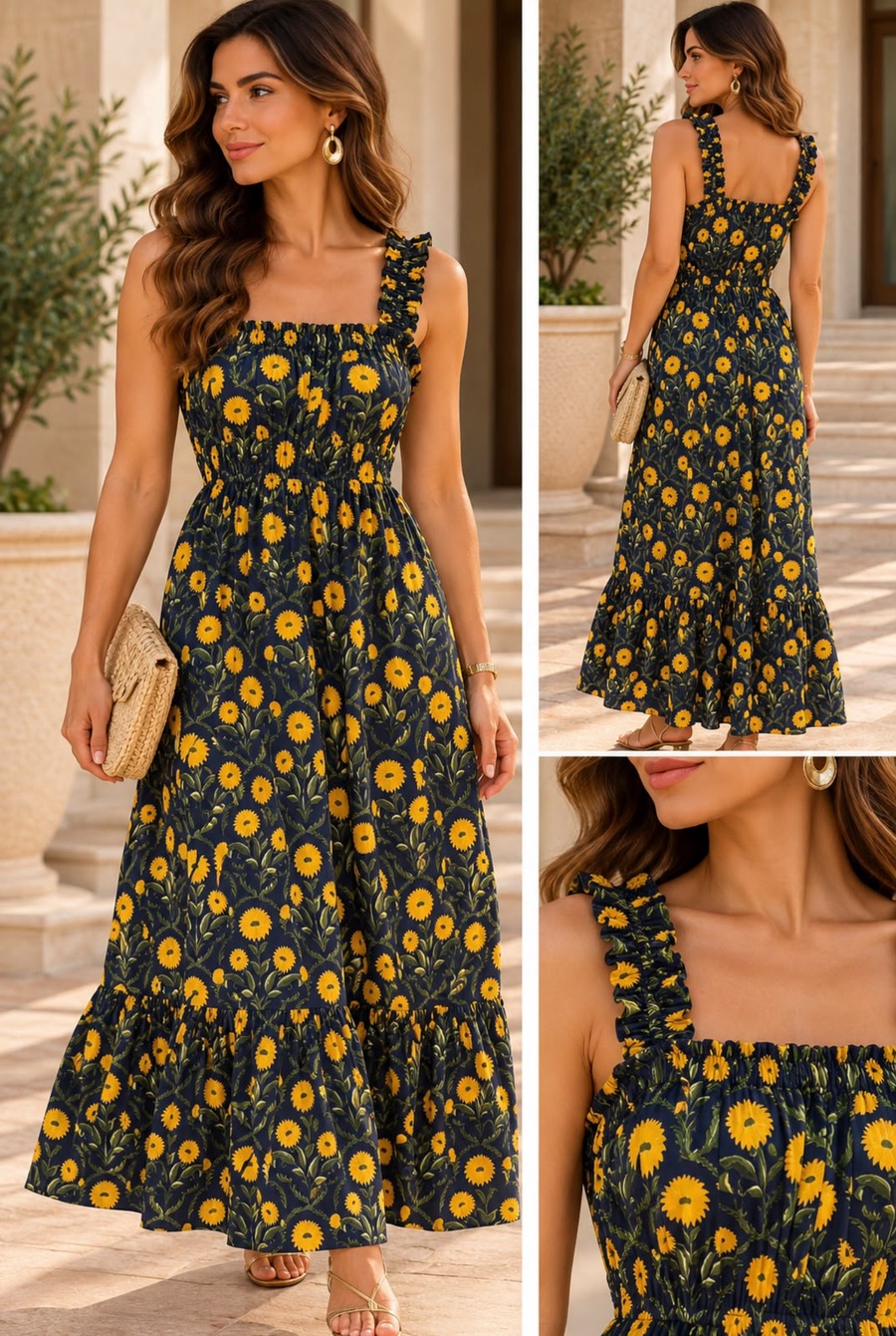Navy Blue Sunflower Print Maxi Dress