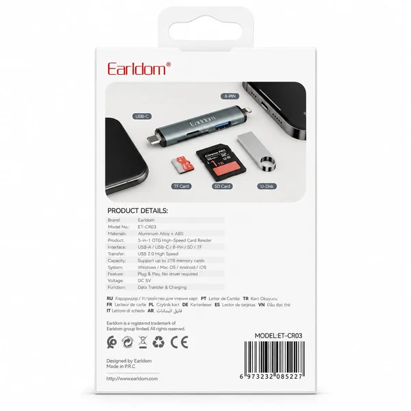  قارئ كروت ذاكرة 5 في 1 إيرلدوم ET-CR03 المتعدد المنافذ- Earldom ET-CR03 5-in-1 OTG Card Reader – USB-C, Lightning, USB, SD & TF