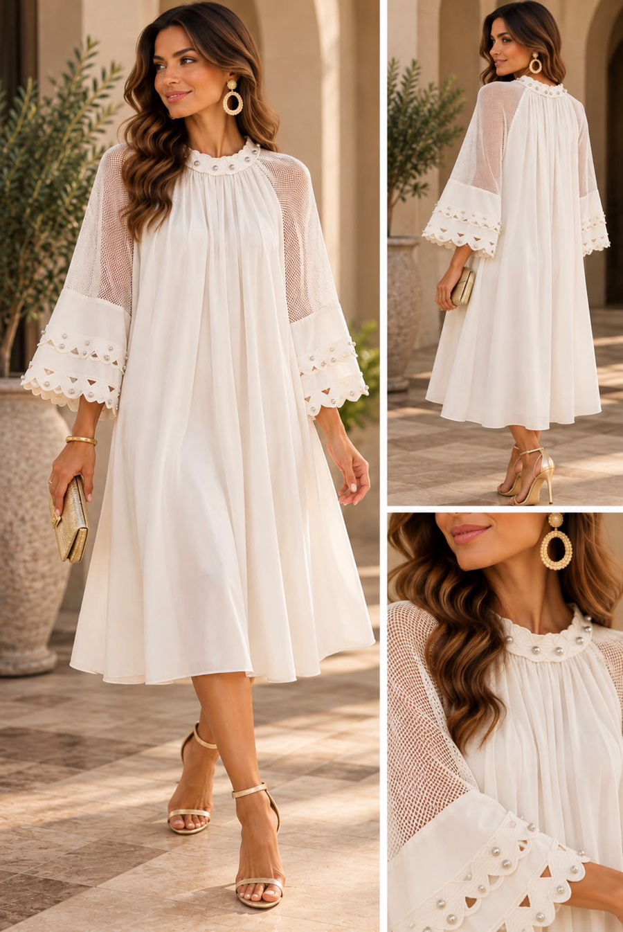 Ivory Pearl Embellished Neckline Midi Dress