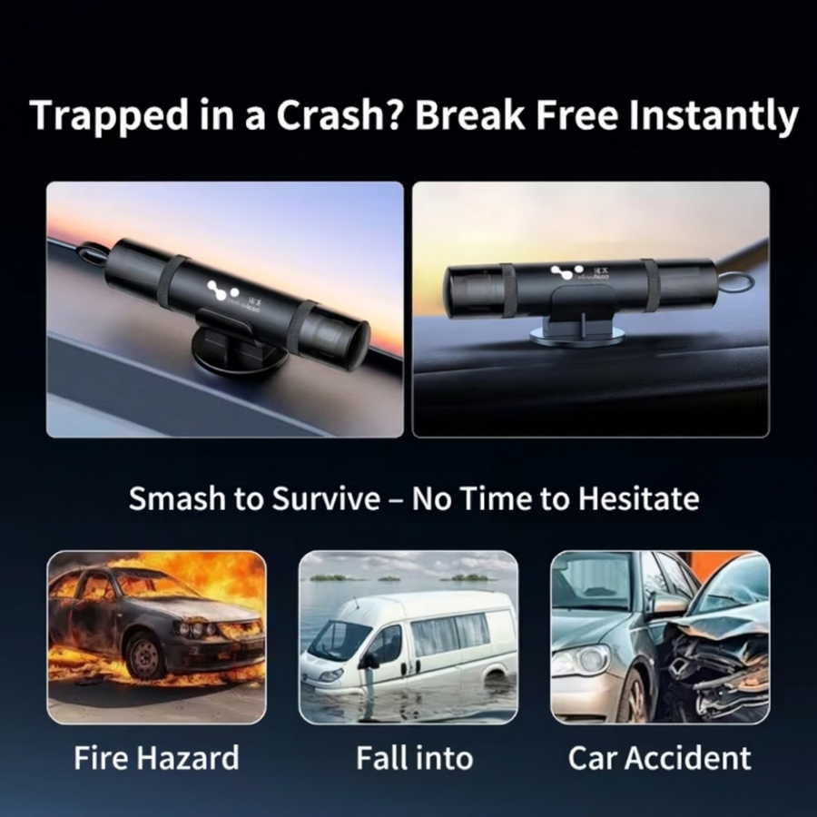 2-in-1 Car Emergency Escape Tool, Black Safety Hammer with Tempered Side-Window Glass Breaker and Hidden Seat Belt Cutter, Compact Portable Vehicle Safety Tool, Universal Fit