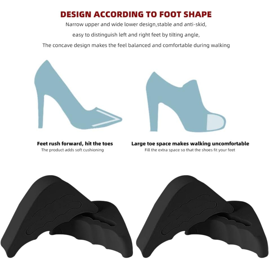 4 Pcs Black EVA Toe Filler Inserts for Shoes Too Big, Soft Adjustable Toe Cushions for Women and Men, Removable Half Inserts for High Heels, Sneakers, Flats, Boots and Dress Shoes