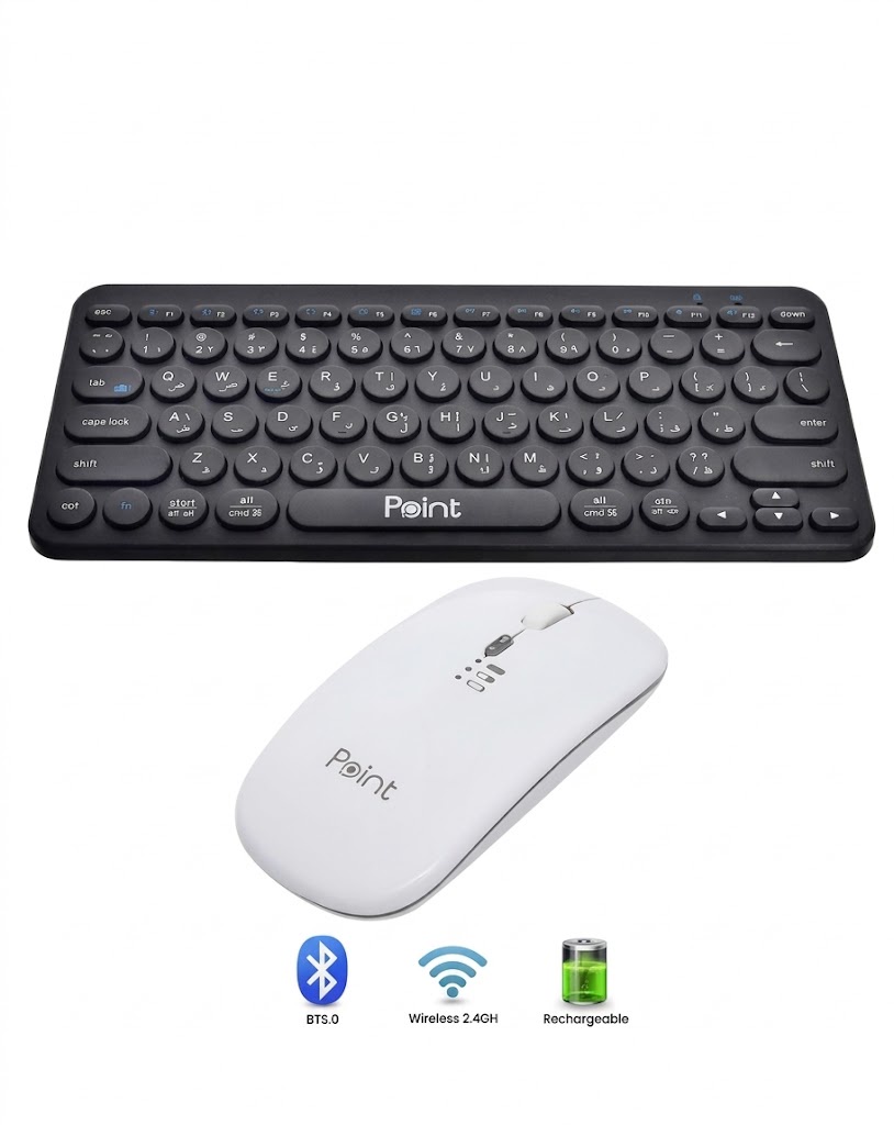 Point PT-380 Mini Wireless Keyboard (English & Arabic) and PT-20 Bluetooth Mouse Combo – Black & White