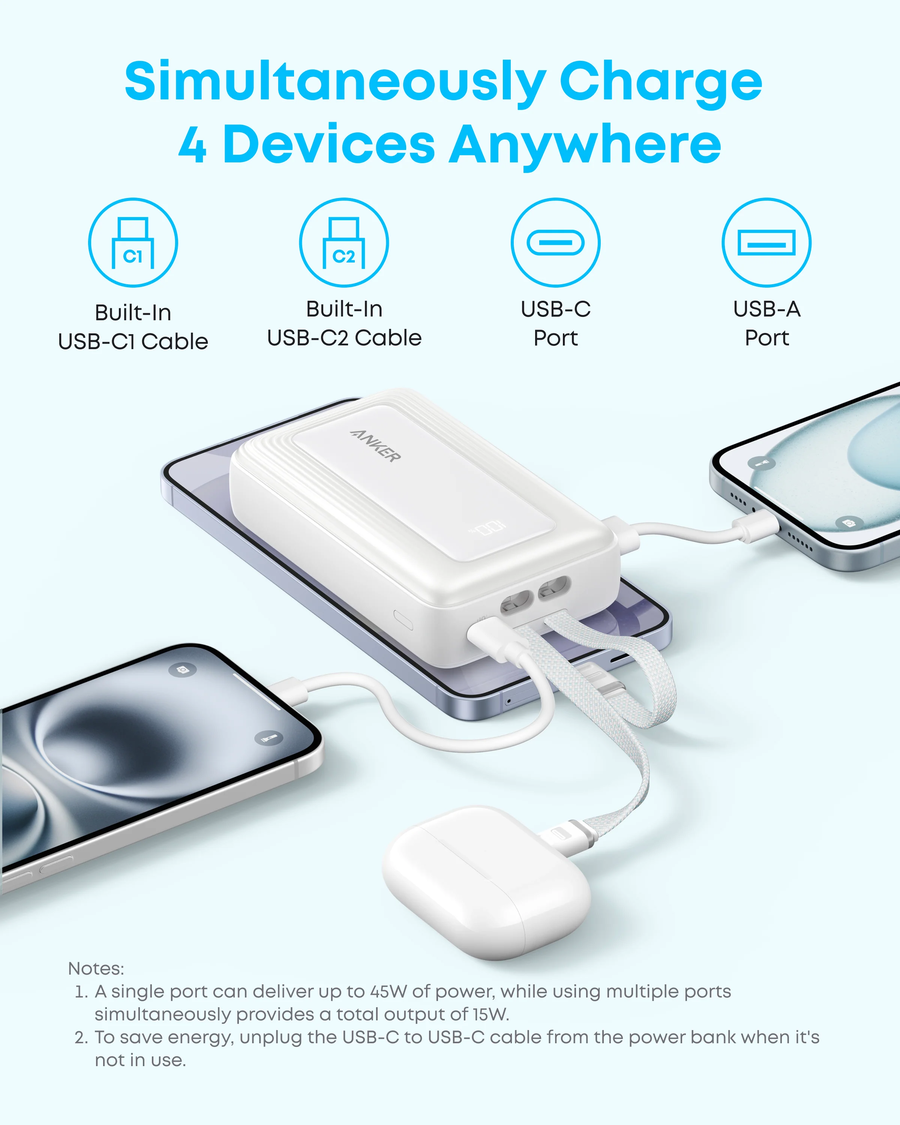أنكر باور بانك Zolo سعه 20000 مللي أمبير بقوة 45 وات مع كابلي USB-C مدمجين - A110MH22 