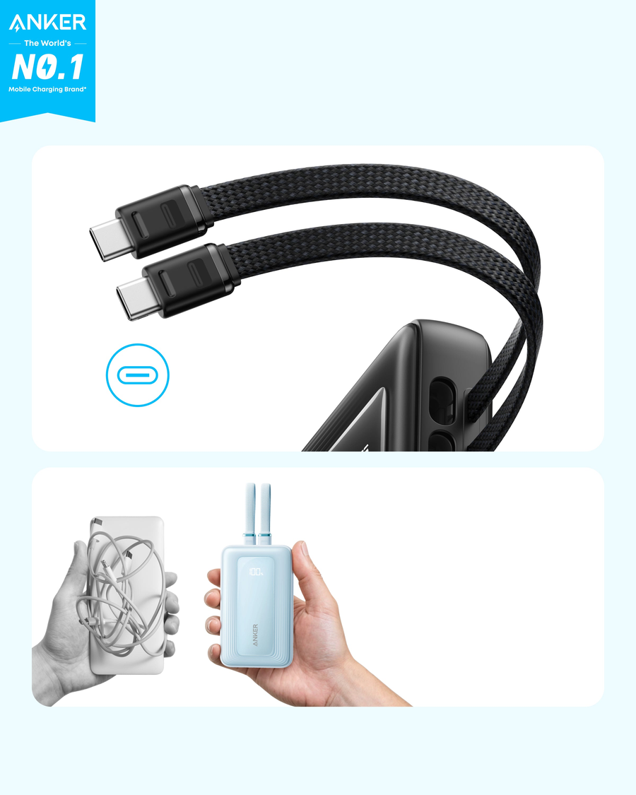 أنكر باور بانك Zolo سعه 10000 مللي أمبير بقوة 35 وات مع كابلي USB-C مدمجين A110LH22 