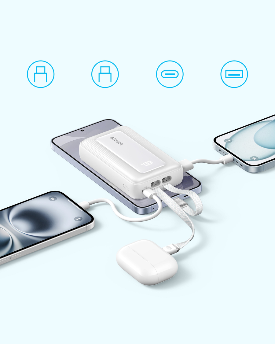 أنكر باور بانك Zolo سعه 10000 مللي أمبير بقوة 35 وات مع كابلي USB-C مدمجين A110LH22 