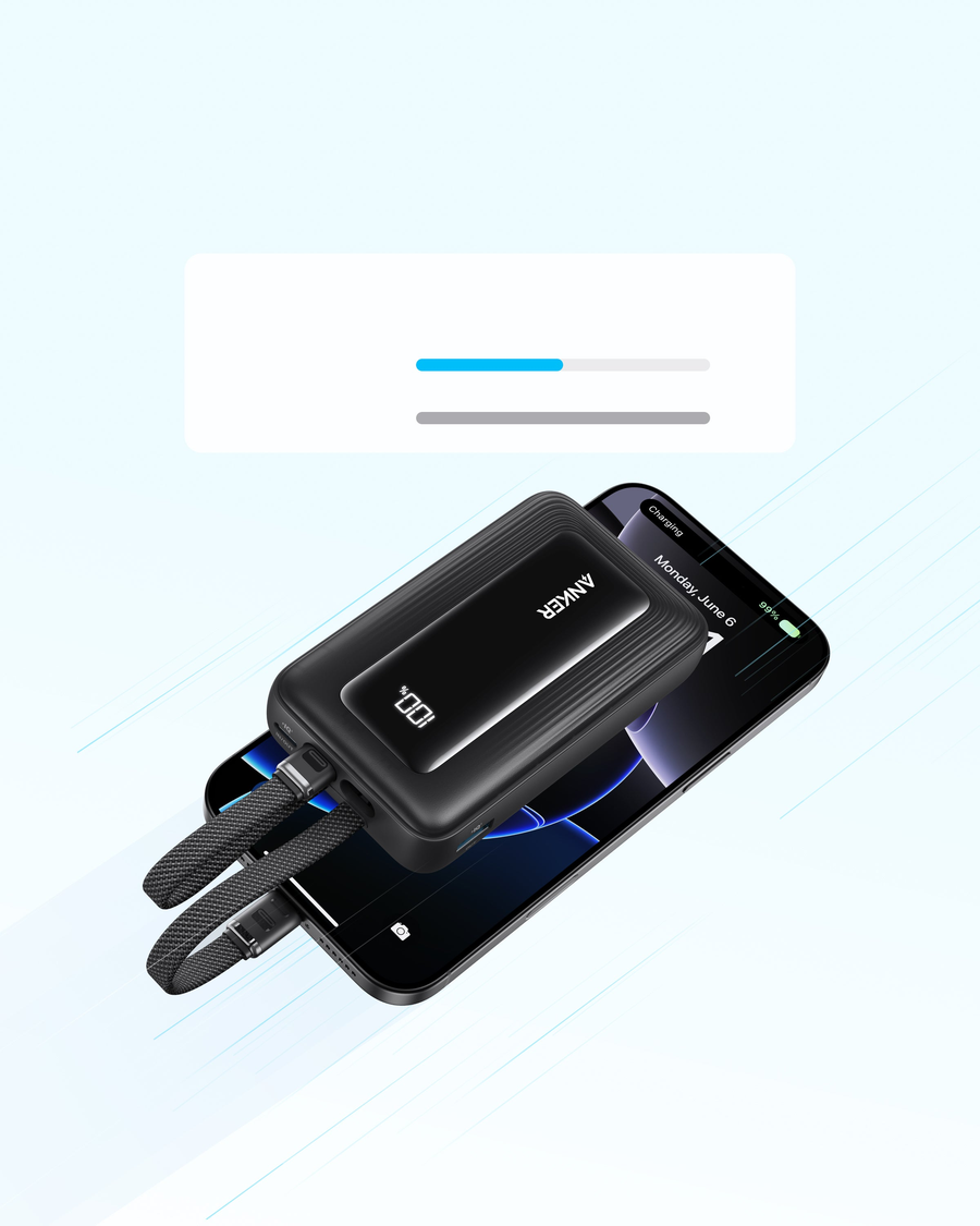 أنكر باور بانك Zolo سعه 10000 مللي أمبير بقوة 35 وات مع كابلي USB-C مدمجين A110LH22 