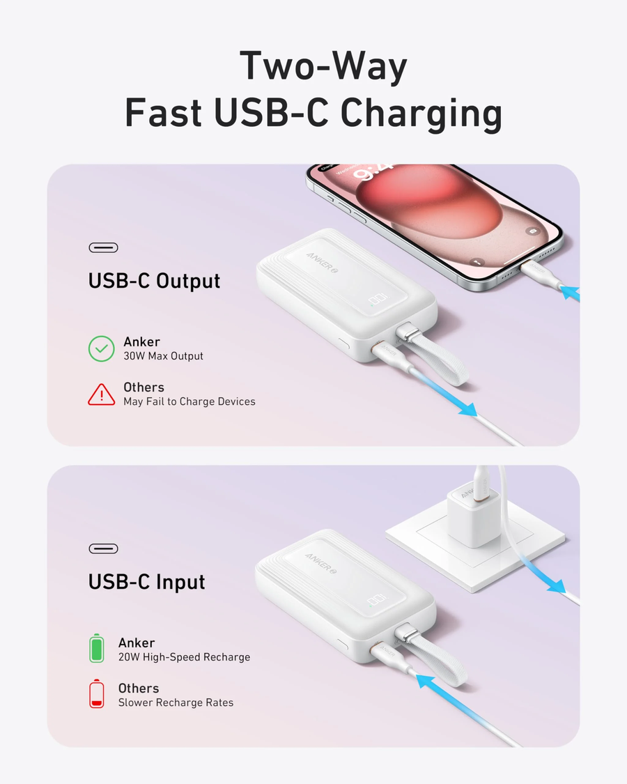 باور بنك أنكر زولو مع كابل USB-C مدمج ، سعة 10,000 ملى امبير ، قدرة 30W ، لون أسود | A1688H11