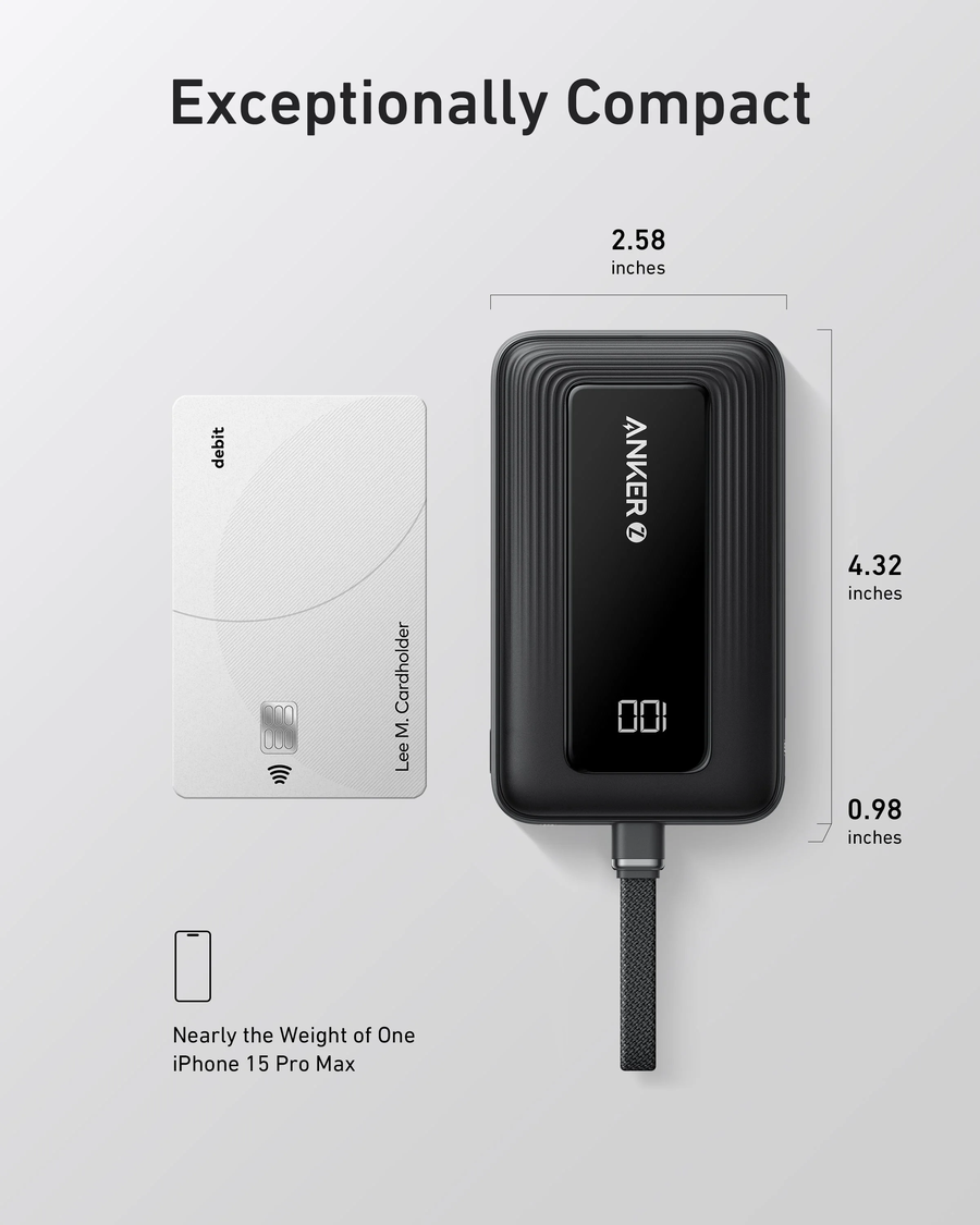 باور بنك أنكر زولو مع كابل USB-C مدمج ، سعة 10,000 ملى امبير ، قدرة 30W ، لون أسود | A1688H11