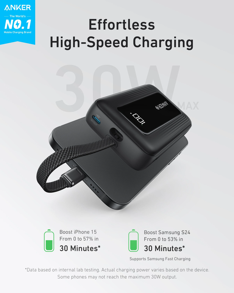 باور بنك أنكر زولو مع كابل USB-C مدمج ، سعة 10,000 ملى امبير ، قدرة 30W ، لون أسود | A1688H11