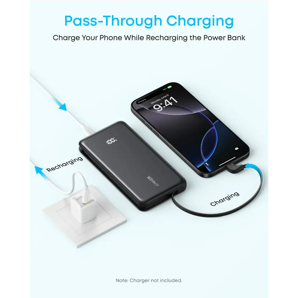 باور بنك أنكر زولو 10,000 ملي أمبير ـ 22.5 واط مع كابل USB-C مدمج ، أسود | A110DH11