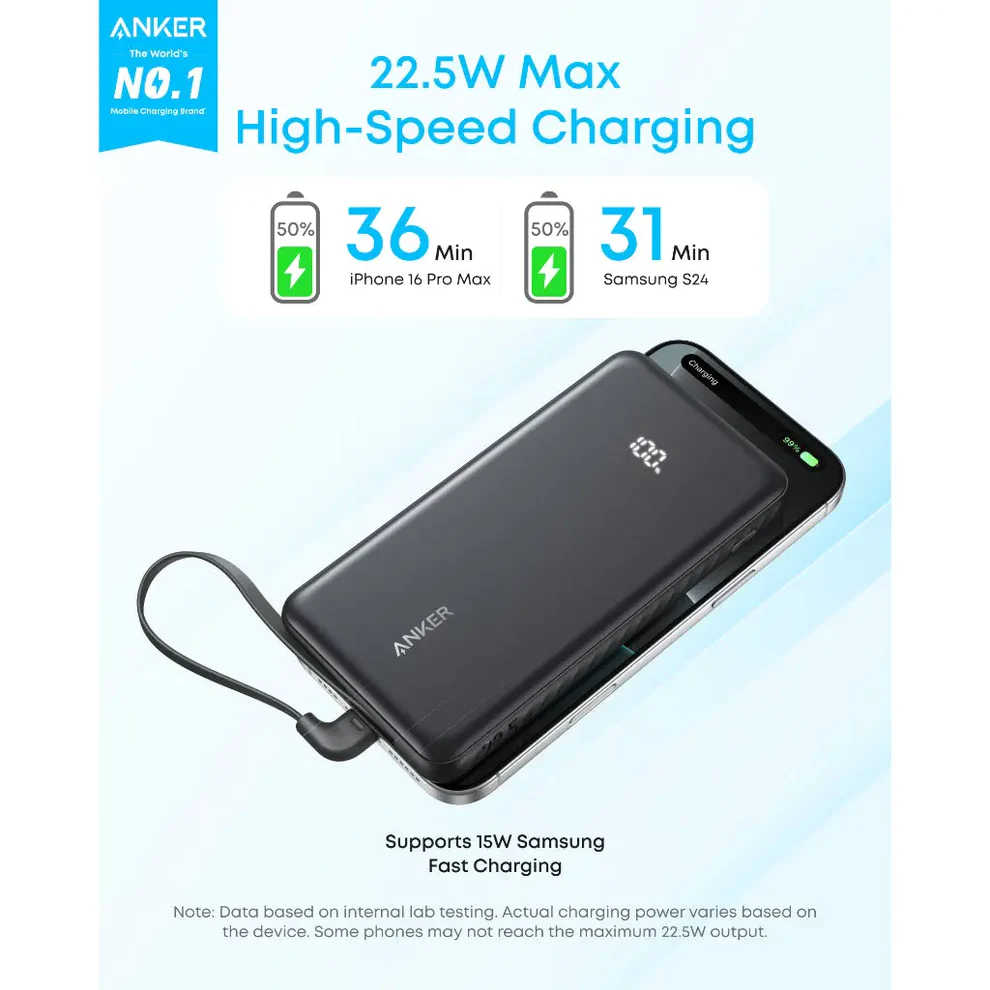 باور بنك أنكر زولو 10,000 ملي أمبير ـ 22.5 واط مع كابل USB-C مدمج ، أسود | A110DH11