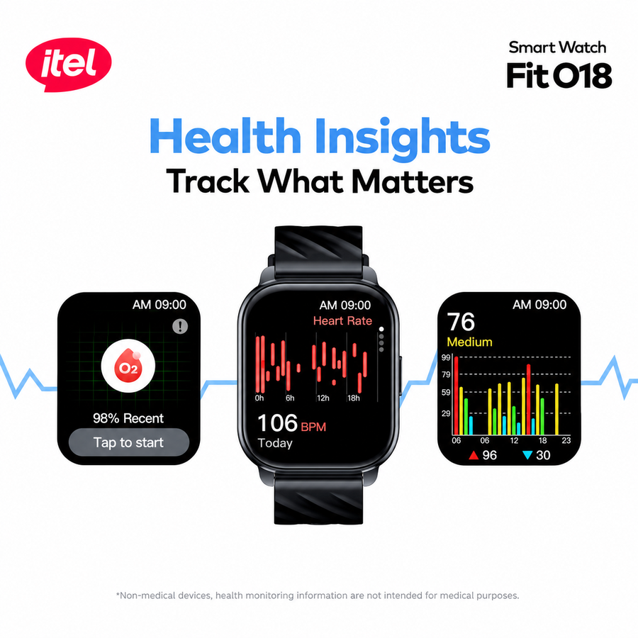 ساعة itel Fit O18 ISW-018 بشاشة 2.01 بوصة ومكالمات Bluetooth وIP68 - ضمان 12 شهر
