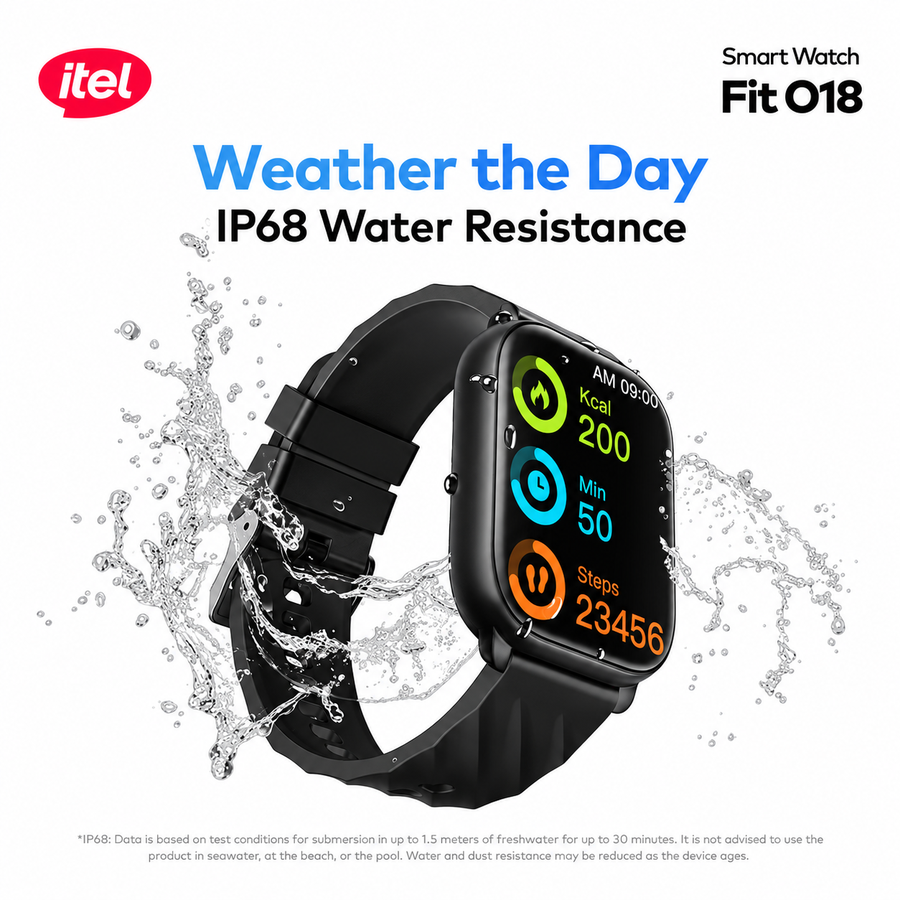 ساعة itel Fit O18 ISW-018 بشاشة 2.01 بوصة ومكالمات Bluetooth وIP68 - ضمان 12 شهر