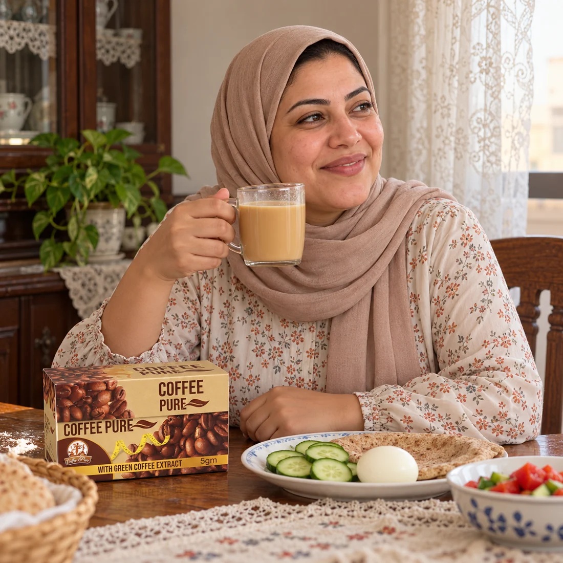 مشهد توضيحي لسيدة مصرية مع كوفي بيور وفطار من أكل البيت