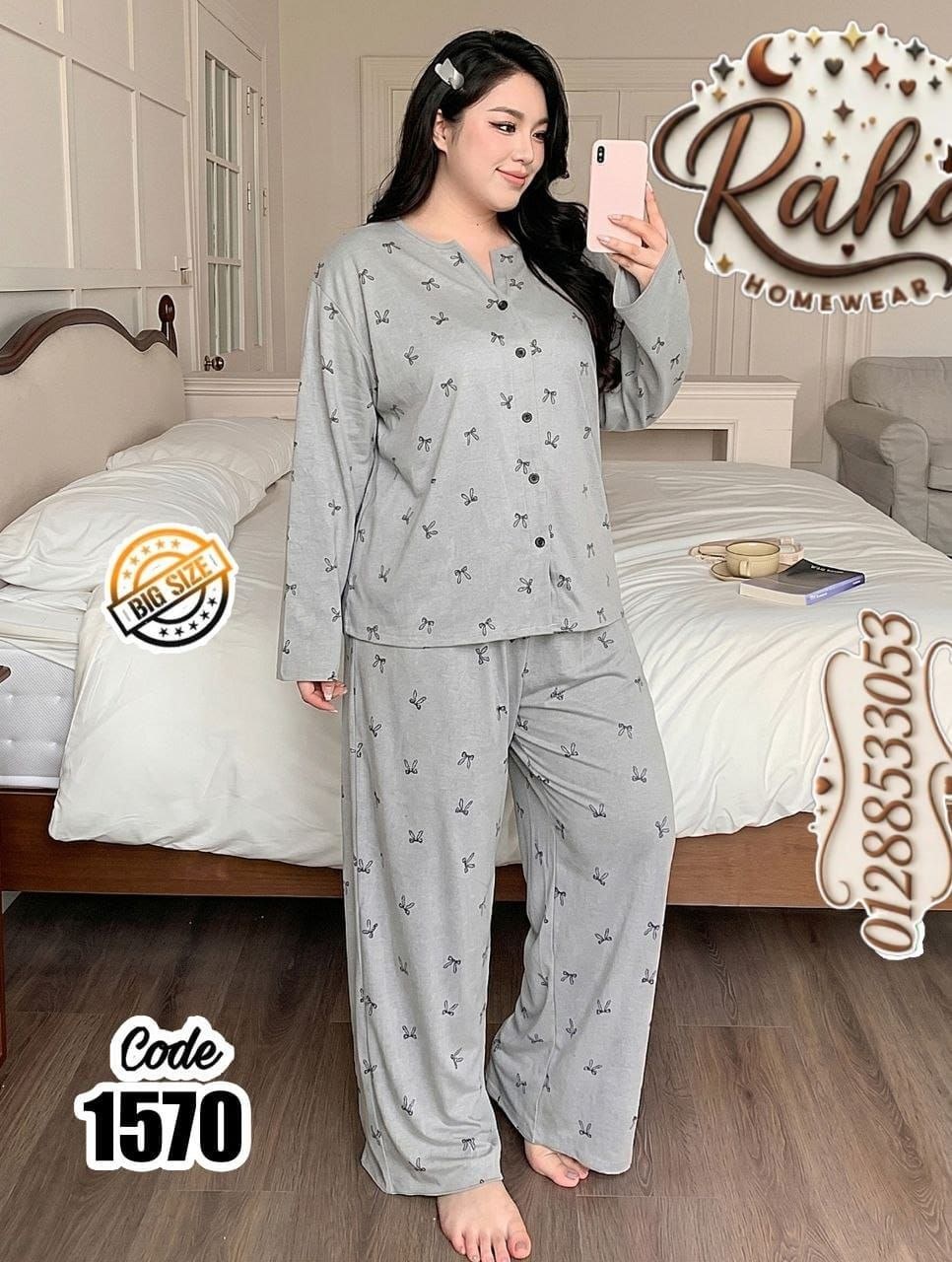 🎀 بيجامة خريفية قطن بطبعة الفيونكات – بيج سايز حتى 120 كجم 🩶