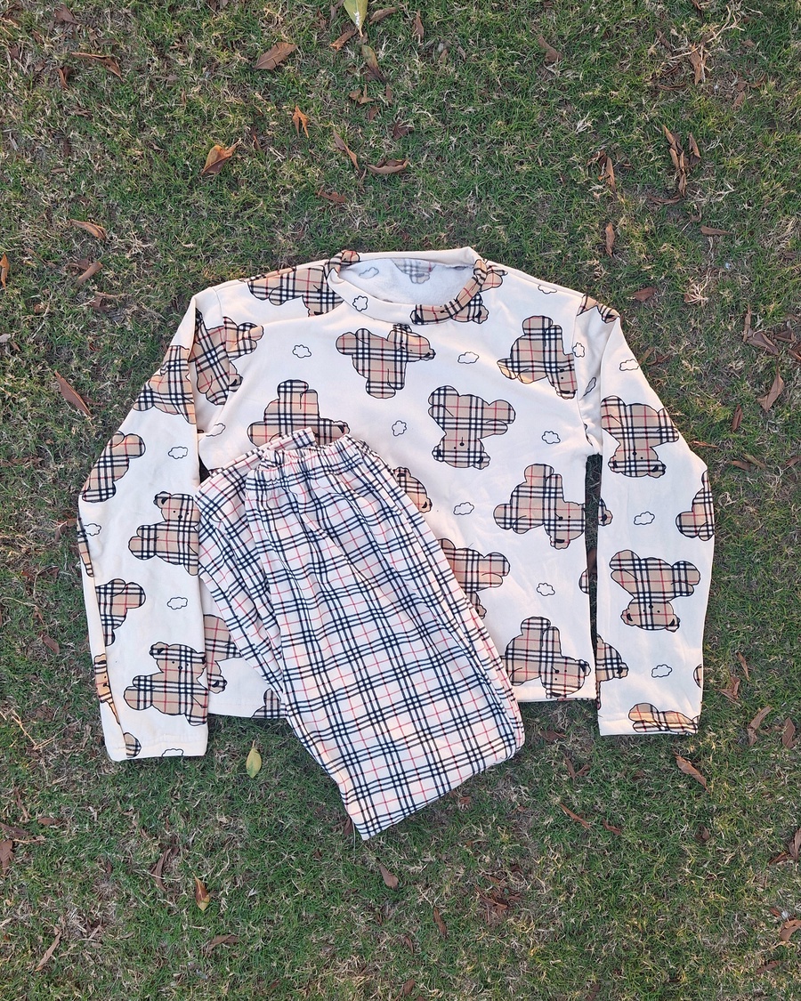 Heritage Teddy & Plaid Luxury Fleece-Lined Pajama Set