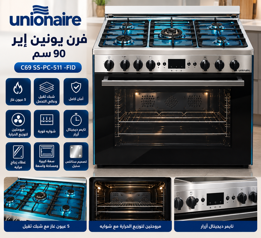 فرن غاز يونيون إير 90 سم – 5 شعلات – أمان كامل – مروحتين وشواية