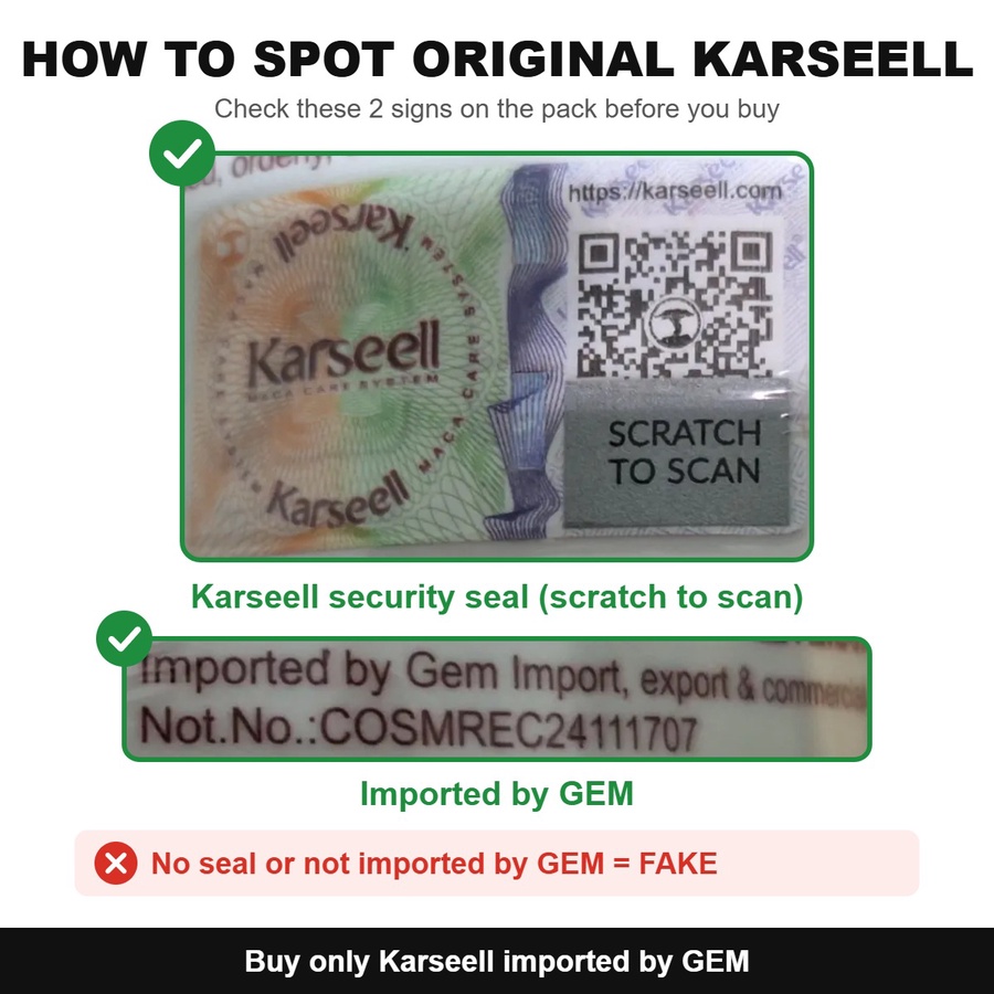 How to spot original Karseell: security seal and Imported by GEM sticker