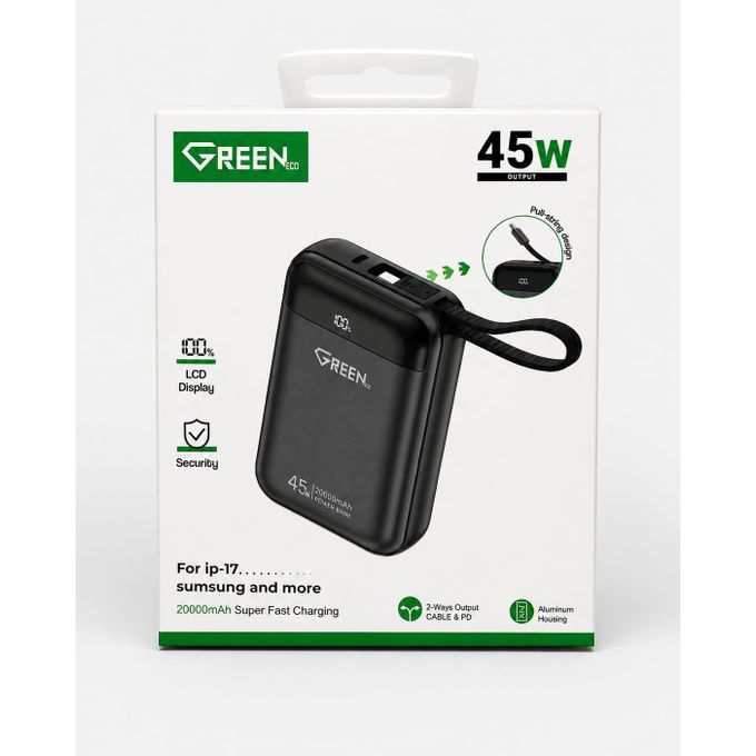 Green باور بنك شحن سريع جداً جرين 20000 ملي أمبير بقدرة 45 واط - أسود (موديل GE-PBF046)
