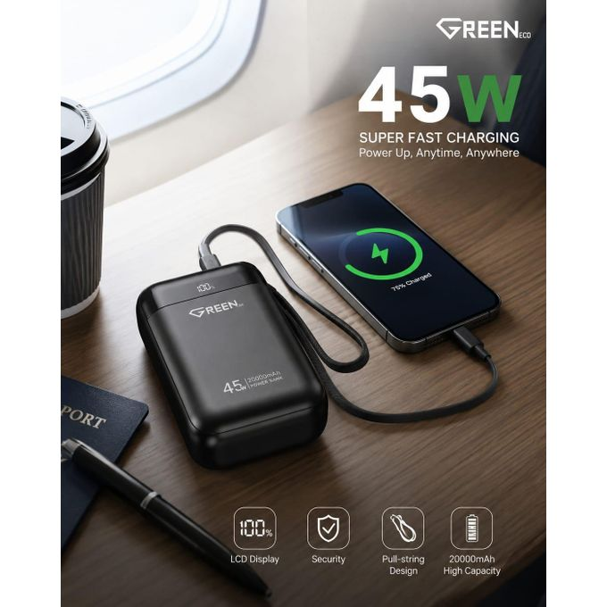 Green باور بنك شحن سريع جداً جرين 20000 ملي أمبير بقدرة 45 واط - أسود (موديل GE-PBF046)