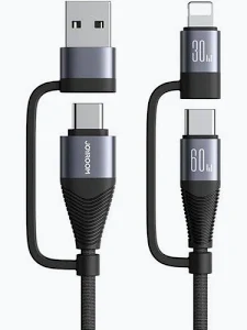 Joyroom SA37-2T2 Multi-Function Series 60W 4-in-1 Fast Charging Data Cable USB-A+Type-C to Lightning+Type-C 1.2m