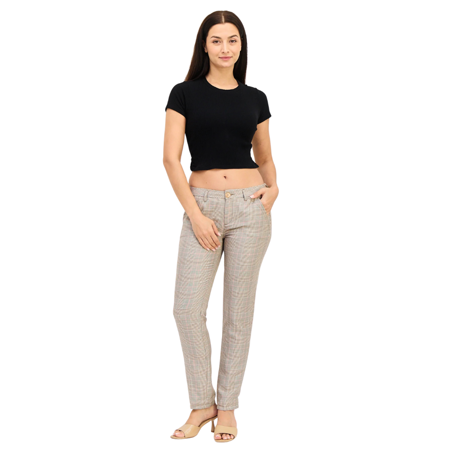 Reiko, Women Regular Fit Checkered Chino Pants, Multicolor