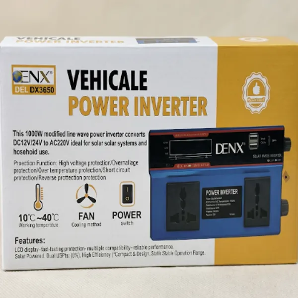 محول طاقة دينكس بقوة 1000 واط للسيارات والمنازل DENX DX3650 - انفرتر موجة جيبية معدلة مع شاشة LCD ومنافذ USB وType-C