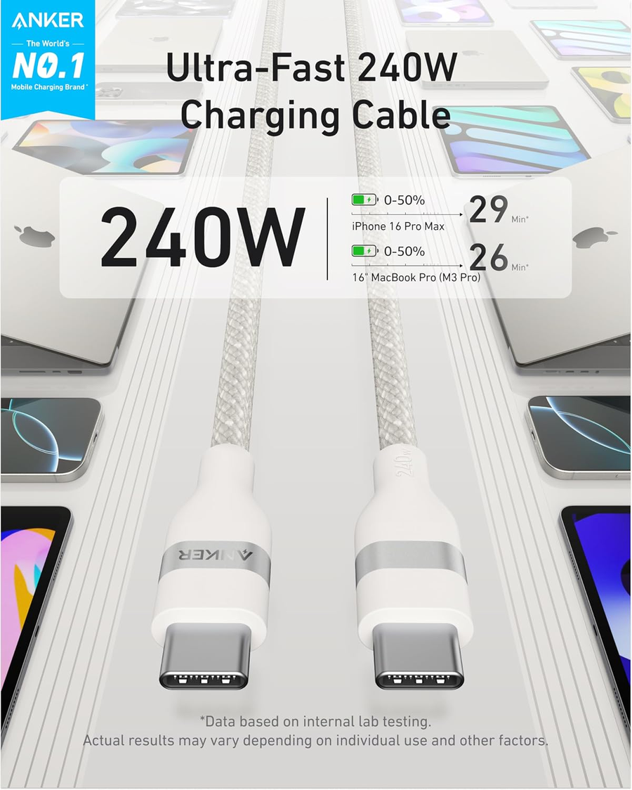 كابل أنكر نانو USB-C للشحن السريع 240 وات – أبيض