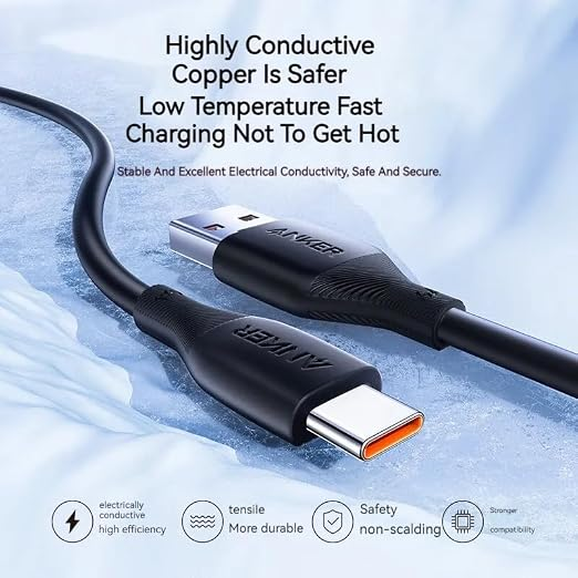 كابل أنكر A8001 للشحن USB-A إلى USB-C، بطول 1 متر، يدعم تيارًا يصل إلى 6 أمبير، بتصميم مضفر عالي المتانة للشحن ونقل البيانات.