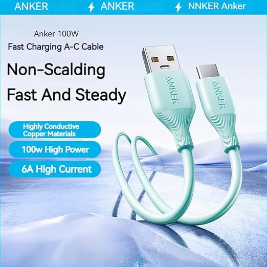 كابل أنكر A8001 للشحن USB-A إلى USB-C، بطول 1 متر، يدعم تيارًا يصل إلى 6 أمبير، بتصميم مضفر عالي المتانة للشحن ونقل البيانات.