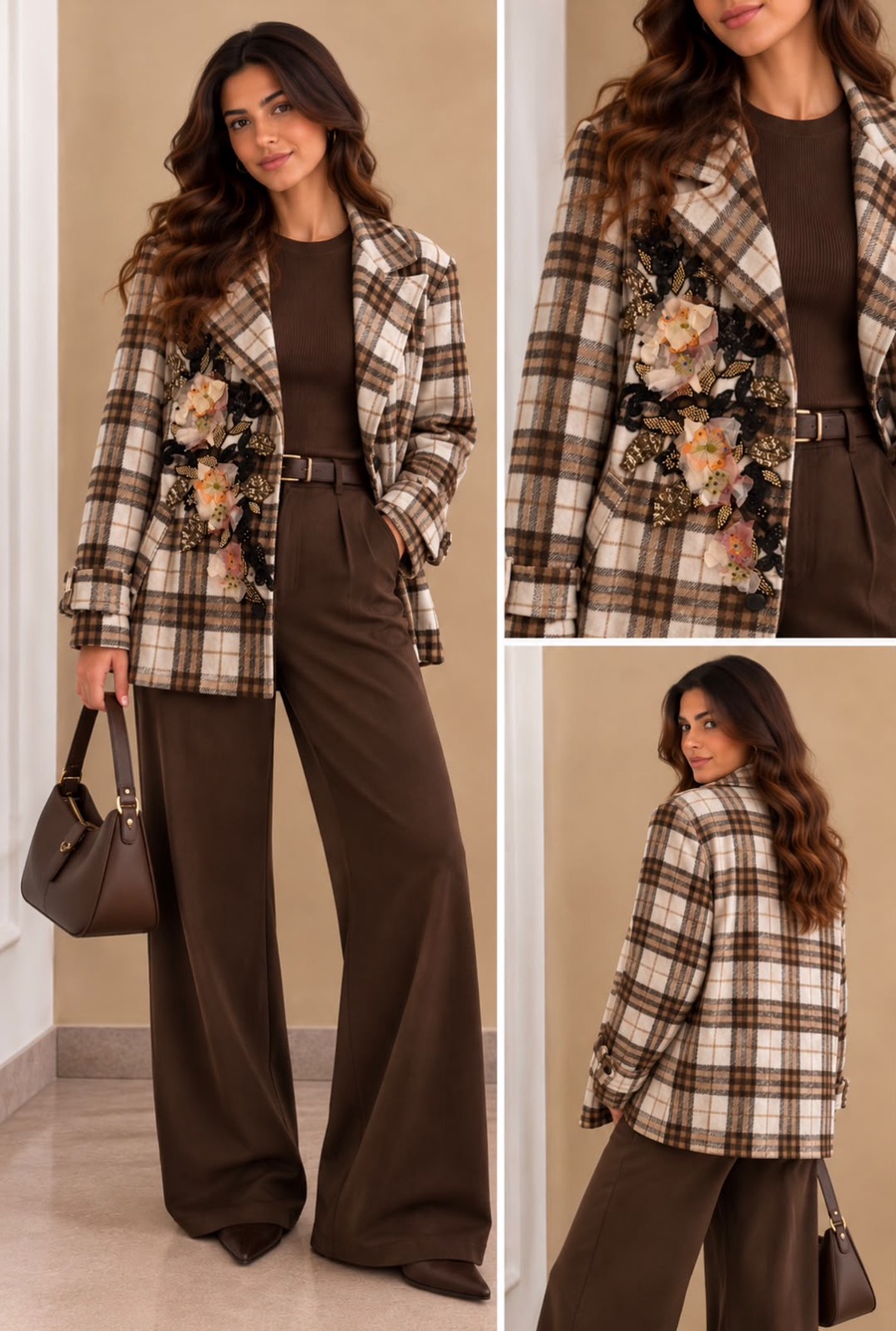 Cream Brown Plaid Floral Embellished Blazer